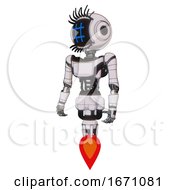 Poster, Art Print Of Cyborg Containing Digital Display Head And Hashtag Face And Eye Lashes Deco And Light Chest Exoshielding And Ultralight Chest Exosuit And Jet Propulsion White Halftone Toon