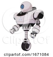 Poster, Art Print Of Cyborg Containing Dual Retro Camera Head And Power Symbol Head And Heavy Upper Chest And Triangle Of Blue Leds And Unicycle Wheel White Halftone Toon Facing Right View