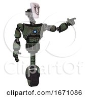 Poster, Art Print Of Android Containing Humanoid Face Mask And War Paint And Light Chest Exoshielding And Blue Energy Core And Unicycle Wheel Old Corroded Copper Pointing Left Or Pushing A Button