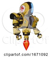 Poster, Art Print Of Robot Containing Round Head And Large Vertical Visor And First Aid Emblem And Heavy Upper Chest And Heavy Mech Chest And Green Cable Sockets Array And Jet Propulsion Construction Yellow Halftone