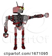 Poster, Art Print Of Robot Containing Dual Retro Camera Head And Cyborg Antenna Head And Heavy Upper Chest And No Chest Plating And Ultralight Foot Exosuit Red Blood Grunge Material Pointing Left Or Pushing A Button