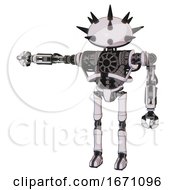 Poster, Art Print Of Automaton Containing Thorny Domehead Design And Heavy Upper Chest And No Chest Plating And Ultralight Foot Exosuit White Halftone Toon Arm Out Holding Invisible Object