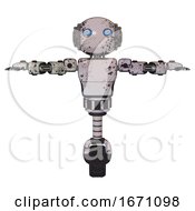 Bot Containing Oval Wide Head And Blue Eyes And Steampunk Iron Bands With Bolts And Light Chest Exoshielding And Prototype Exoplate Chest And Unicycle Wheel Grunge Sketch Dots T Pose