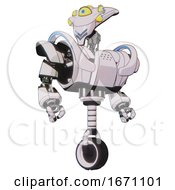 Poster, Art Print Of Mech Containing Flat Elongated Skull Head And Yellow Eyeball Array And Heavy Upper Chest And Heavy Mech Chest And Battle Mech Chest And Unicycle Wheel White Halftone Toon Hero Pose