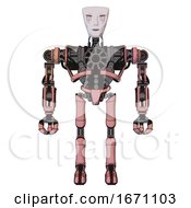 Poster, Art Print Of Droid Containing Humanoid Face Mask And Blood Tears And Heavy Upper Chest And No Chest Plating And Ultralight Foot Exosuit Toon Pink Tint Front View
