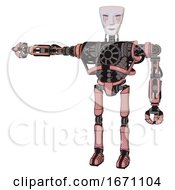 Poster, Art Print Of Droid Containing Humanoid Face Mask And Blood Tears And Heavy Upper Chest And No Chest Plating And Ultralight Foot Exosuit Toon Pink Tint Arm Out Holding Invisible Object