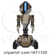 Poster, Art Print Of Bot Containing Round Head And Large Vertical Visor And Light Chest Exoshielding And Prototype Exoplate Chest And Six-Wheeler Base Desert Tan Painted Front View