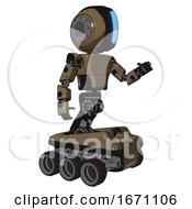 Poster, Art Print Of Bot Containing Round Head And Large Vertical Visor And Light Chest Exoshielding And Prototype Exoplate Chest And Six-Wheeler Base Desert Tan Painted Interacting