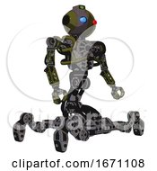 Poster, Art Print Of Mech Containing Oval Wide Head And Giant Blue And Red Led Eyes And Green Led Ornament And Heavy Upper Chest And No Chest Plating And Insect Walker Legs Army Green Halftone Facing Left View