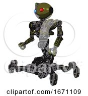 Poster, Art Print Of Mech Containing Oval Wide Head And Giant Blue And Red Led Eyes And Green Led Ornament And Heavy Upper Chest And No Chest Plating And Insect Walker Legs Army Green Halftone Facing Right View