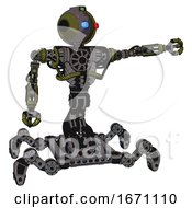 Poster, Art Print Of Mech Containing Oval Wide Head And Giant Blue And Red Led Eyes And Green Led Ornament And Heavy Upper Chest And No Chest Plating And Insect Walker Legs Army Green Halftone