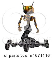 Poster, Art Print Of Droid Containing Dual Retro Camera Head And Cyborg Antenna Head And Light Chest Exoshielding And No Chest Plating And Insect Walker Legs Primary Yellow Halftone Hero Pose