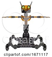 Poster, Art Print Of Droid Containing Dual Retro Camera Head And Cyborg Antenna Head And Light Chest Exoshielding And No Chest Plating And Insect Walker Legs Primary Yellow Halftone T-Pose