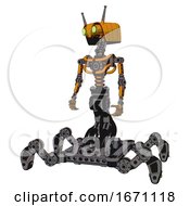 Poster, Art Print Of Droid Containing Dual Retro Camera Head And Cyborg Antenna Head And Light Chest Exoshielding And No Chest Plating And Insect Walker Legs Primary Yellow Halftone Standing Looking Right Restful Pose