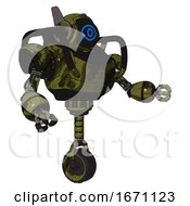 Poster, Art Print Of Bot Containing Digital Display Head And Large Eye And Winglets And Heavy Upper Chest And Unicycle Wheel Grunge Army Green Interacting