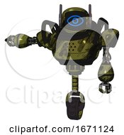 Poster, Art Print Of Bot Containing Digital Display Head And Large Eye And Winglets And Heavy Upper Chest And Unicycle Wheel Grunge Army Green Arm Out Holding Invisible Object