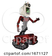 Poster, Art Print Of Automaton Containing Old Computer Monitor And Angry Pixels Face And Old Computer Magnetic Tape And Light Chest Exoshielding And Ultralight Chest Exosuit And Tank Tracks Grunge Dots Cherry Tomato Red