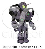 Poster, Art Print Of Automaton Containing Grey Alien Style Head And Cats Eyes And Bug Antennas And Heavy Upper Chest And Chest Green Energy Cores And Prototype Exoplate Legs Light Lavender Metal Facing Left View