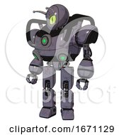 Poster, Art Print Of Automaton Containing Grey Alien Style Head And Cats Eyes And Bug Antennas And Heavy Upper Chest And Chest Green Energy Cores And Prototype Exoplate Legs Light Lavender Metal