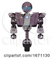 Poster, Art Print Of Droid Containing Grey Alien Style Head And Blue Grate Eyes And Heavy Upper Chest And Heavy Mech Chest And Blue Energy Fission Element Chest And Unicycle Wheel Lilac Metal Front View