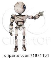 Cyborg Containing Dual Retro Camera Head And Round Happy Cyclops Head And Light Chest Exoshielding And Cable Sash And Ultralight Foot Exosuit Halftone Sketch Pointing Left Or Pushing A Button