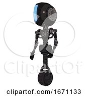 Poster, Art Print Of Android Containing Round Head And Large Vertical Visor And Light Chest Exoshielding And No Chest Plating And Unicycle Wheel Dirty Black Facing Right View