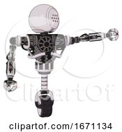 Poster, Art Print Of Cyborg Containing Dots Array Face And Heavy Upper Chest And No Chest Plating And Unicycle Wheel White Halftone Toon Pointing Left Or Pushing A Button