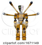 Mech Containing Humanoid Face Mask And Two Face Black White Mask And Light Chest Exoshielding And Cable Sash And Blue Eye Cam Cable Tentacles And Prototype Exoplate Legs Worn Construction Yellow