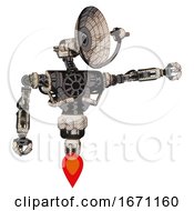 Poster, Art Print Of Cyborg Containing Dual Retro Camera Head And Satellite Dish Head And Heavy Upper Chest And No Chest Plating And Jet Propulsion Halftone Sketch Pointing Left Or Pushing A Button