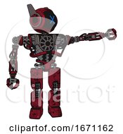 Poster, Art Print Of Robot Containing Digital Display Head And X Face And Winglets And Heavy Upper Chest And No Chest Plating And Prototype Exoplate Legs Grunge Dots Royal Red Pointing Left Or Pushing A Button