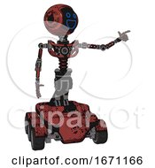 Poster, Art Print Of Automaton Containing Digital Display Head And Wide Smile And Light Chest Exoshielding And No Chest Plating And Six-Wheeler Base Grunge Matted Orange Pointing Left Or Pushing A Button