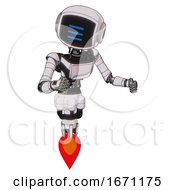 Poster, Art Print Of Cyborg Containing Digital Display Head And Three Horizontal Line Design And Light Chest Exoshielding And Ultralight Chest Exosuit And Jet Propulsion White Halftone Toon Fight Or Defense Pose