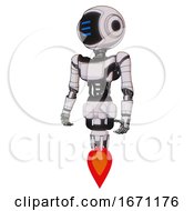 Poster, Art Print Of Cyborg Containing Digital Display Head And Three Horizontal Line Design And Light Chest Exoshielding And Ultralight Chest Exosuit And Jet Propulsion White Halftone Toon