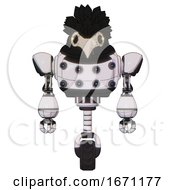 Poster, Art Print Of Robot Containing Bird Skull Head And Yellow Led Protruding Eyes And Crow Feather Design And Heavy Upper Chest And Chest Energy Sockets And Unicycle Wheel White Halftone Toon Front View
