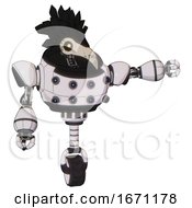 Robot Containing Bird Skull Head And Yellow Led Protruding Eyes And Crow Feather Design And Heavy Upper Chest And Chest Energy Sockets And Unicycle Wheel White Halftone Toon