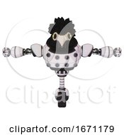 Poster, Art Print Of Robot Containing Bird Skull Head And Yellow Led Protruding Eyes And Crow Feather Design And Heavy Upper Chest And Chest Energy Sockets And Unicycle Wheel White Halftone Toon T-Pose