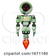 Poster, Art Print Of Mech Containing Three Led Eyes Round Head And Light Chest Exoshielding And Yellow Star And Jet Propulsion Green Tint Toon Front View