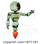 Poster, Art Print Of Mech Containing Three Led Eyes Round Head And Light Chest Exoshielding And Yellow Star And Jet Propulsion Green Tint Toon Pointing Left Or Pushing A Button