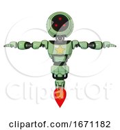 Poster, Art Print Of Mech Containing Three Led Eyes Round Head And Light Chest Exoshielding And Yellow Star And Jet Propulsion Green Tint Toon T-Pose