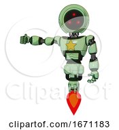 Poster, Art Print Of Mech Containing Three Led Eyes Round Head And Light Chest Exoshielding And Yellow Star And Jet Propulsion Green Tint Toon Arm Out Holding Invisible Object