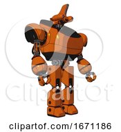 Poster, Art Print Of Automaton Containing Dual Retro Camera Head And Reversed Fin Head And Heavy Upper Chest And Prototype Exoplate Legs Secondary Orange Halftone Facing Left View