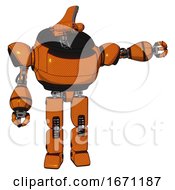 Poster, Art Print Of Automaton Containing Dual Retro Camera Head And Reversed Fin Head And Heavy Upper Chest And Prototype Exoplate Legs Secondary Orange Halftone Pointing Left Or Pushing A Button