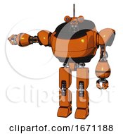 Poster, Art Print Of Automaton Containing Dual Retro Camera Head And Reversed Fin Head And Heavy Upper Chest And Prototype Exoplate Legs Secondary Orange Halftone Arm Out Holding Invisible Object