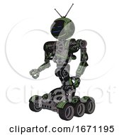 Poster, Art Print Of Cyborg Containing Digital Display Head And Sleeping Face And Retro Antennas And Heavy Upper Chest And No Chest Plating And Six-Wheeler Base Grunge Grass Green Facing Right View