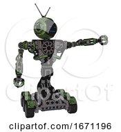 Poster, Art Print Of Cyborg Containing Digital Display Head And Sleeping Face And Retro Antennas And Heavy Upper Chest And No Chest Plating And Six-Wheeler Base Grunge Grass Green Pointing Left Or Pushing A Button