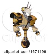 Poster, Art Print Of Bot Containing Bird Skull Head And Big Yellow Eyes And Heavy Upper Chest And Heavy Mech Chest And Unicycle Wheel Construction Yellow Halftone Facing Left View