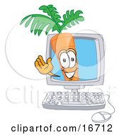 Clipart Picture Of An Orange Carrot Mascot Cartoon Character Waving From Inside A Computer Screen by Toons4Biz