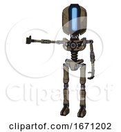 Poster, Art Print Of Bot Containing Round Head And Large Vertical Visor And Light Chest Exoshielding And No Chest Plating And Ultralight Foot Exosuit Desert Tan Painted Arm Out Holding Invisible Object