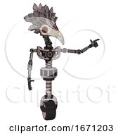 Robot Containing Bird Skull Head And Red Led Circle Eyes And Bird Feather Design And Light Chest Exoshielding And No Chest Plating And Unicycle Wheel Gray Metal Pointing Left Or Pushing A Button