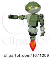 Poster, Art Print Of Bot Containing Oval Wide Head And Yellow Eyes And Light Chest Exoshielding And Prototype Exoplate Chest And Jet Propulsion Grass Green Arm Out Holding Invisible Object